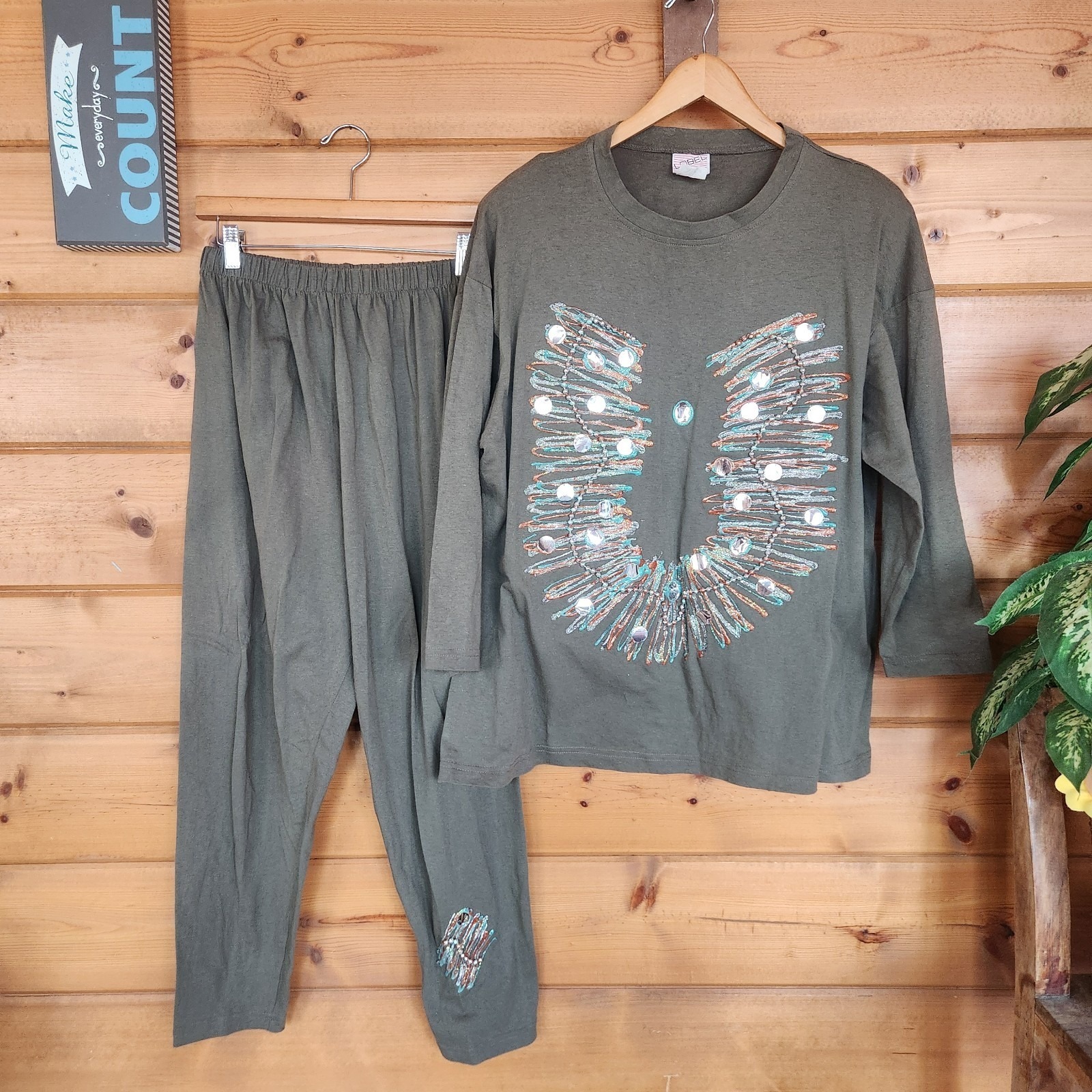 Lobel New Profile Vintage Outfit Pant Set Glitter Puff Paint Beads Retro Sz L/30